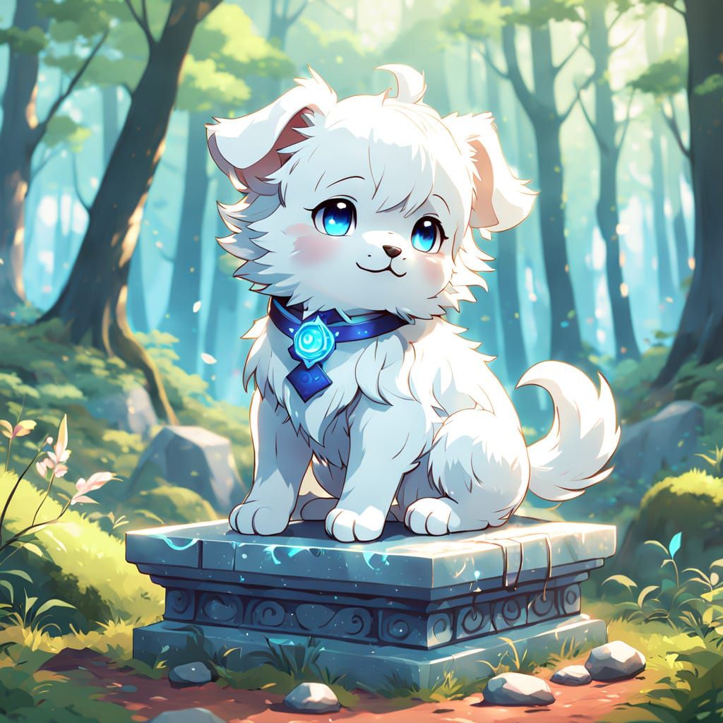Vibrant Kawaii Puppy in Dreamy Forest