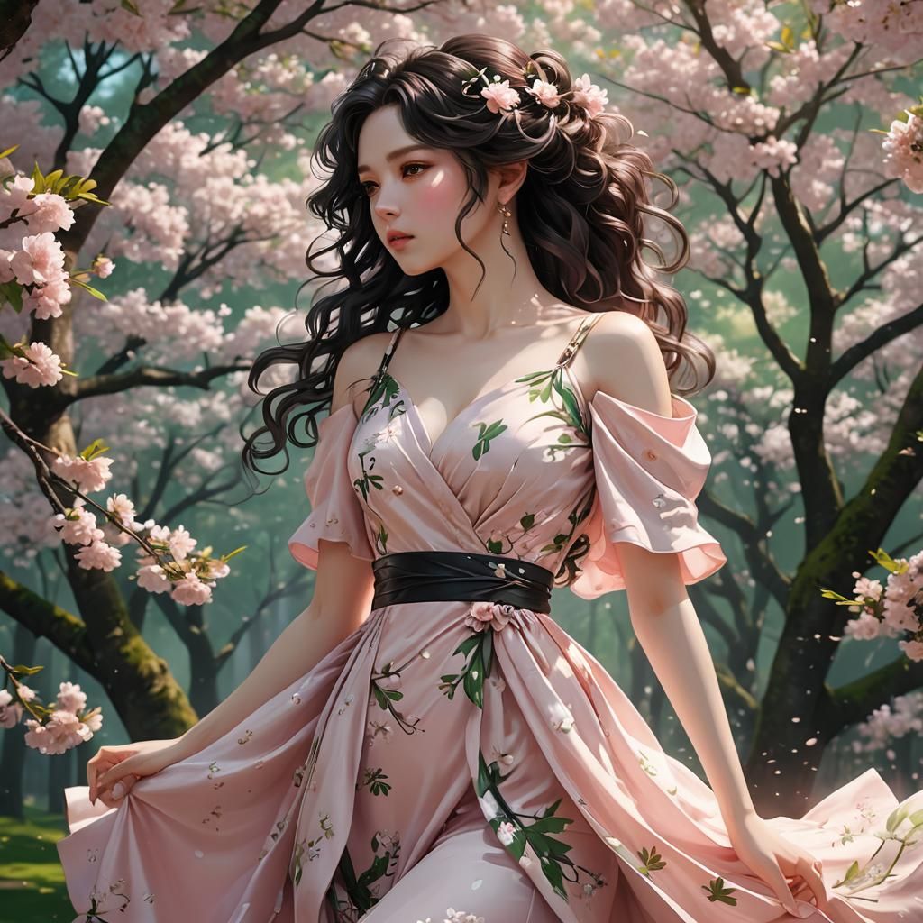 Anime Woman in Cherry Blossom Dress