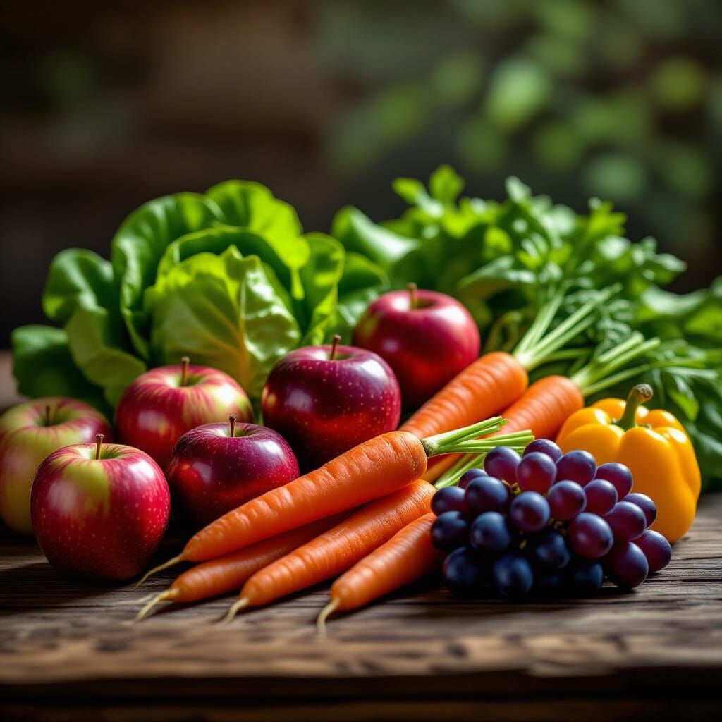 Hyperrealistic Still Life of Abundant Harvest Fruits and Veg...