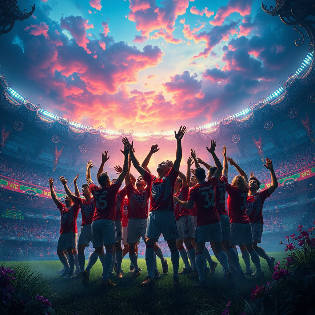 Soccer Team Victory in Dreamlike Stadium