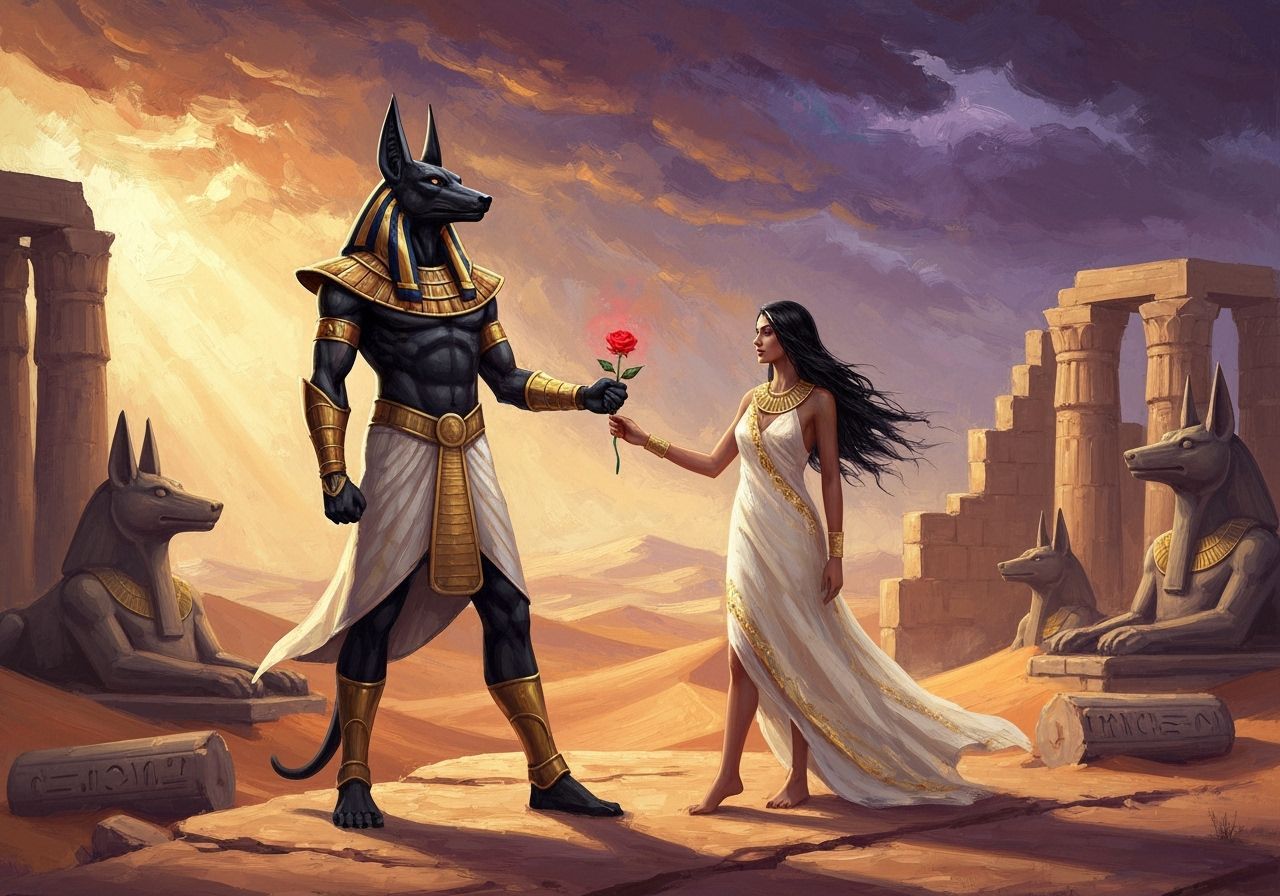 Anubis Offers Rose to Goddess in Surreal Oil Painting