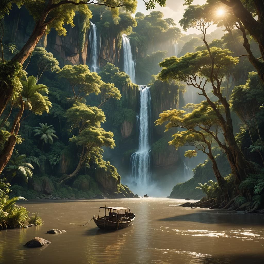 Fishing Boat on Orinoco River Waterfall