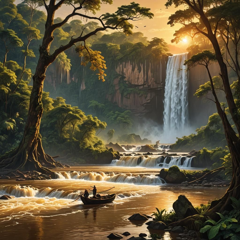 Orinoco River Waterfall at Sunset in Digital Painting