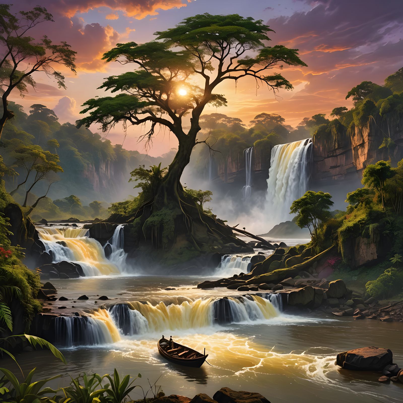 Beautiful Waterfall Sunset with Long Exposure Effect