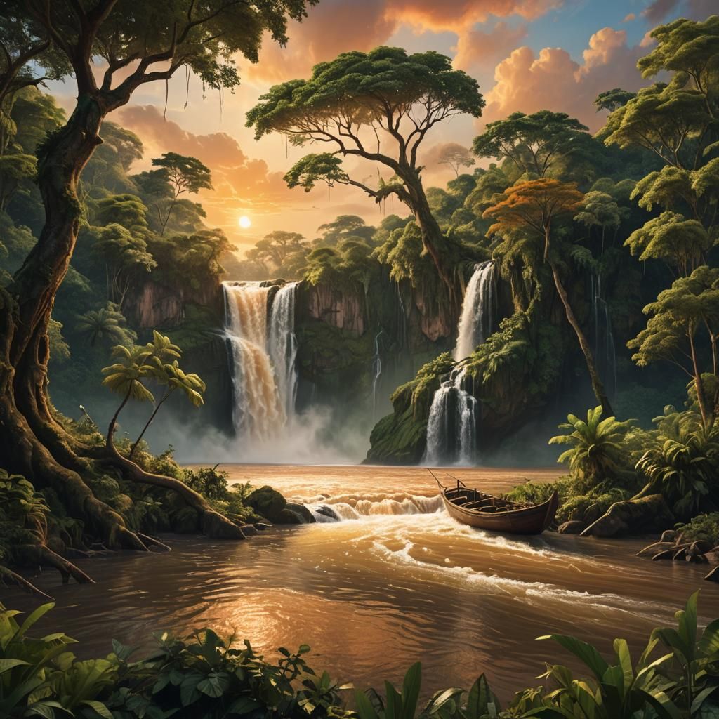 Lush Waterfall Scene at Sunset: Matte Painting