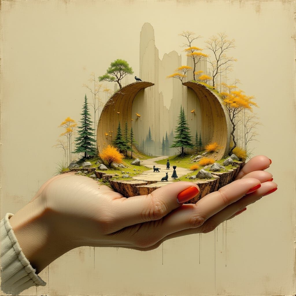 Intricate Forest Diorama Held Within a Carved Hand
