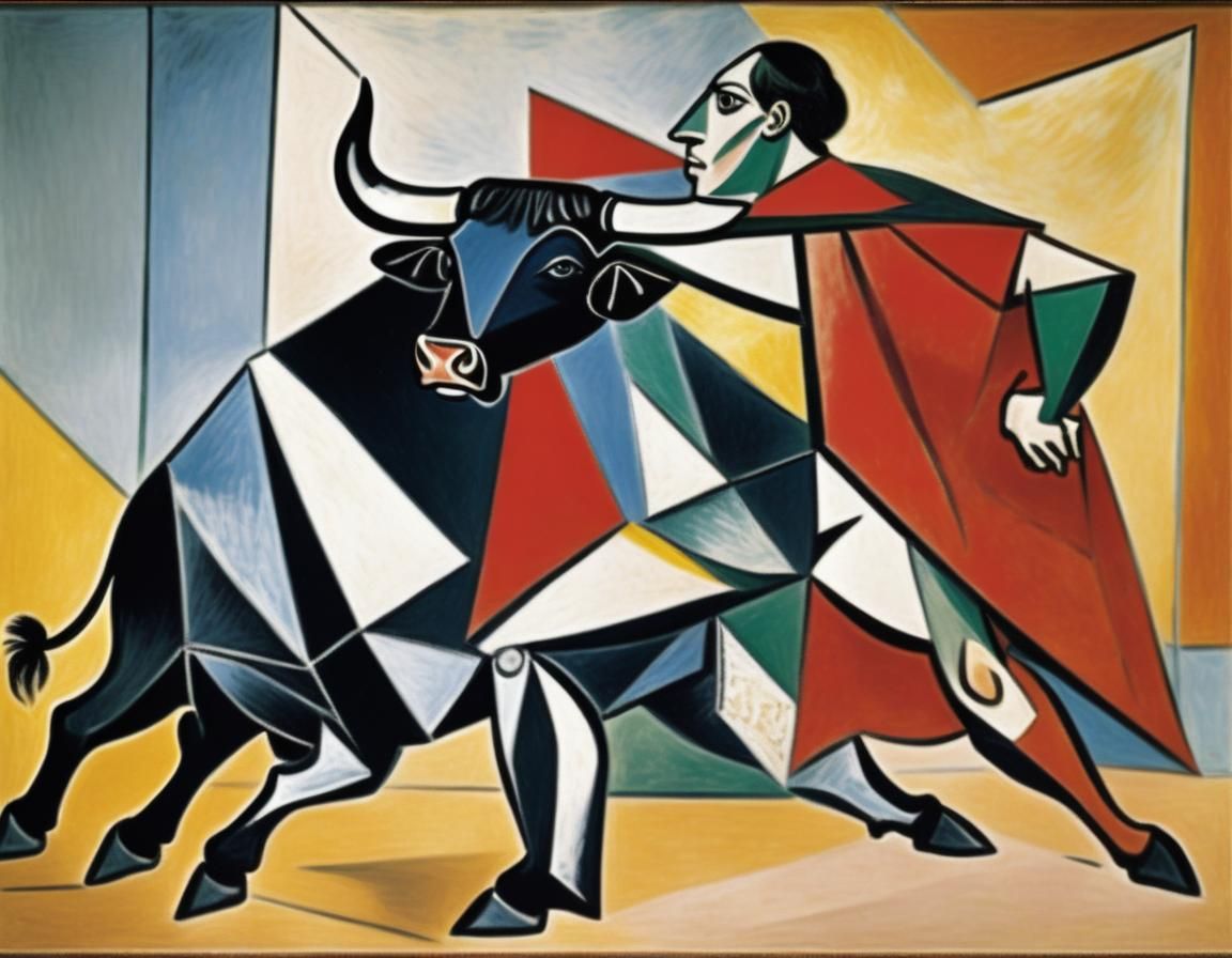 Cubist Bullfight Scene with Toreador and Bull