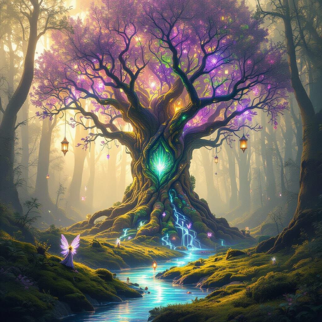 Bioluminescent Forest with Floating Lanterns: Magical Realis...