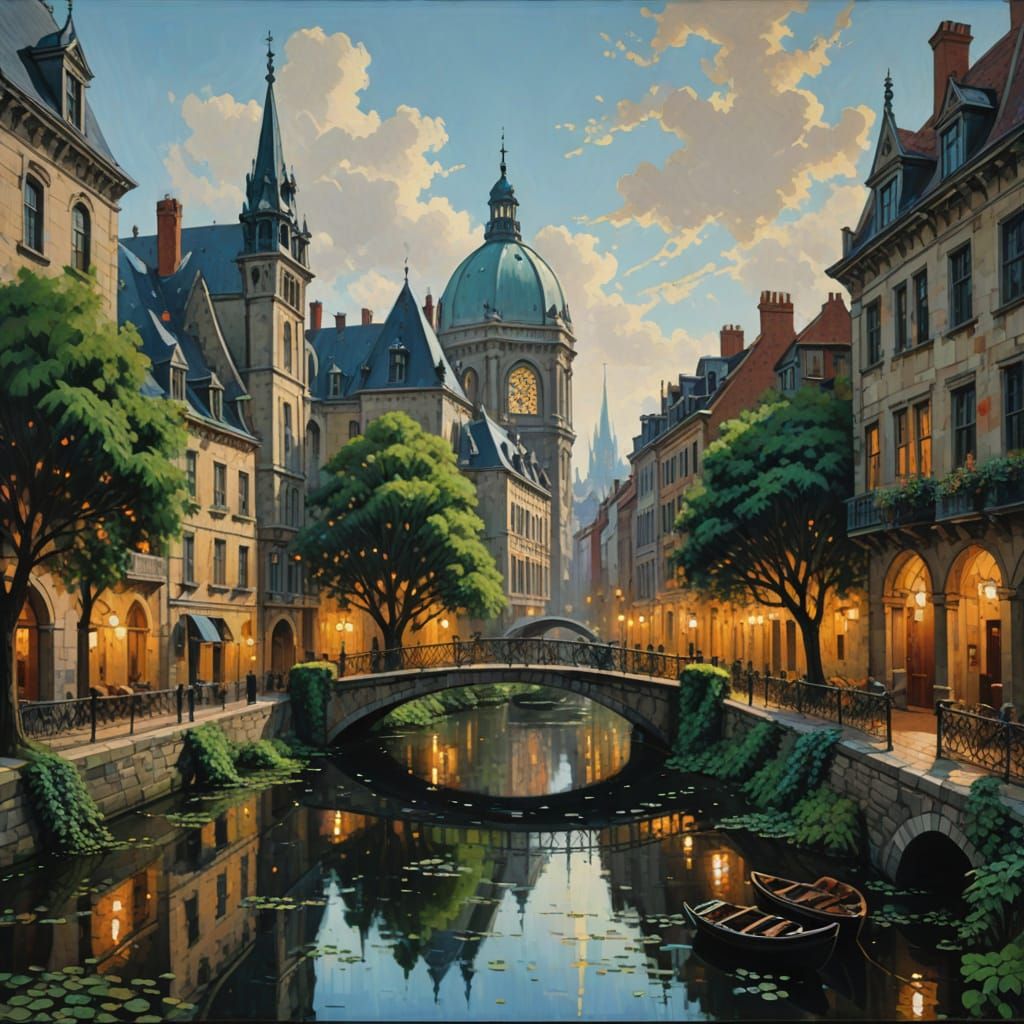 Gothic Cityscape on Turtle Shell: Oil Painting