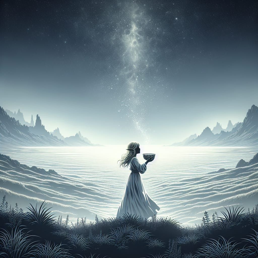 Fantasy Elf Reflects Night Sky in Silhouette