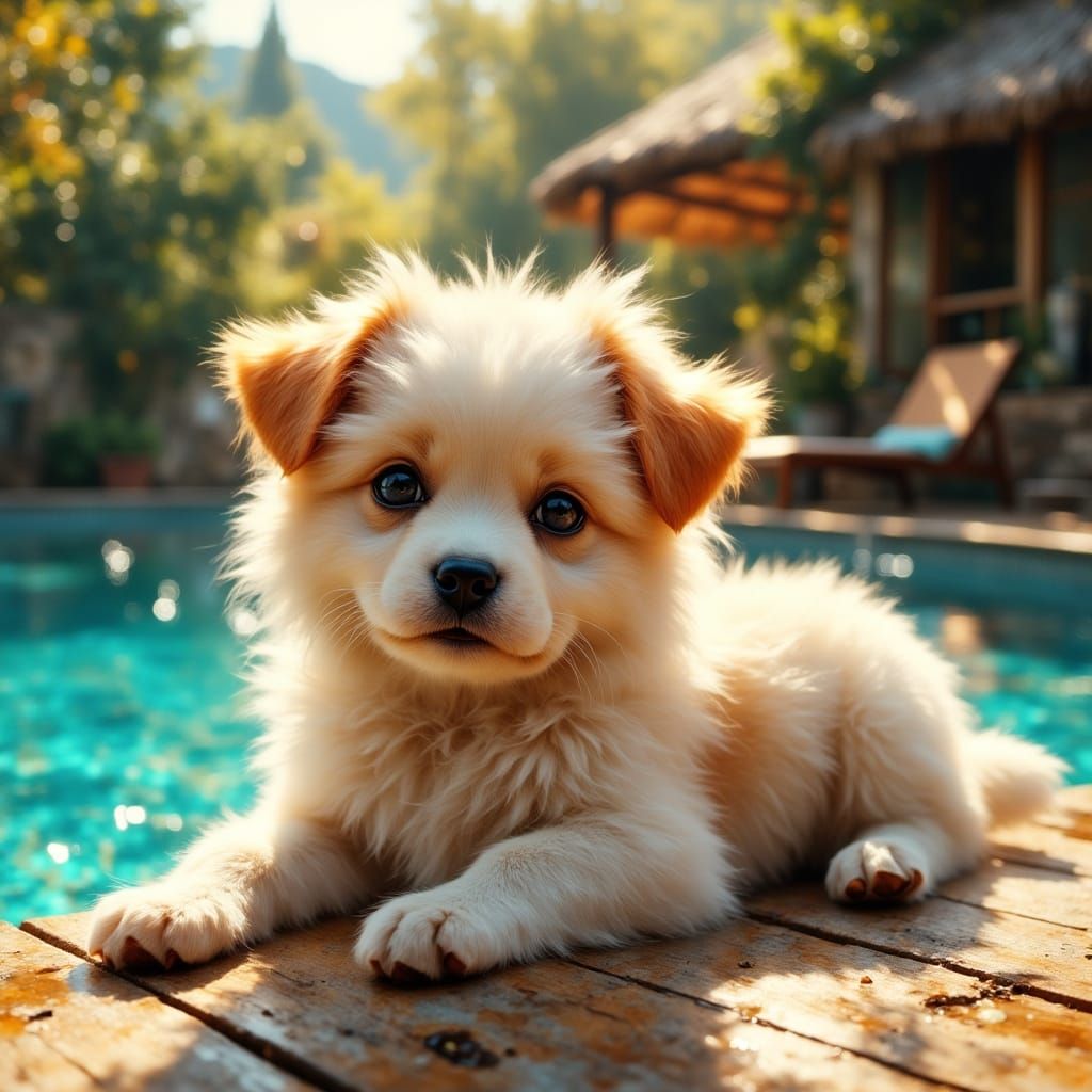 Fantastical Puppy by the Pool in Ethereal Art Style