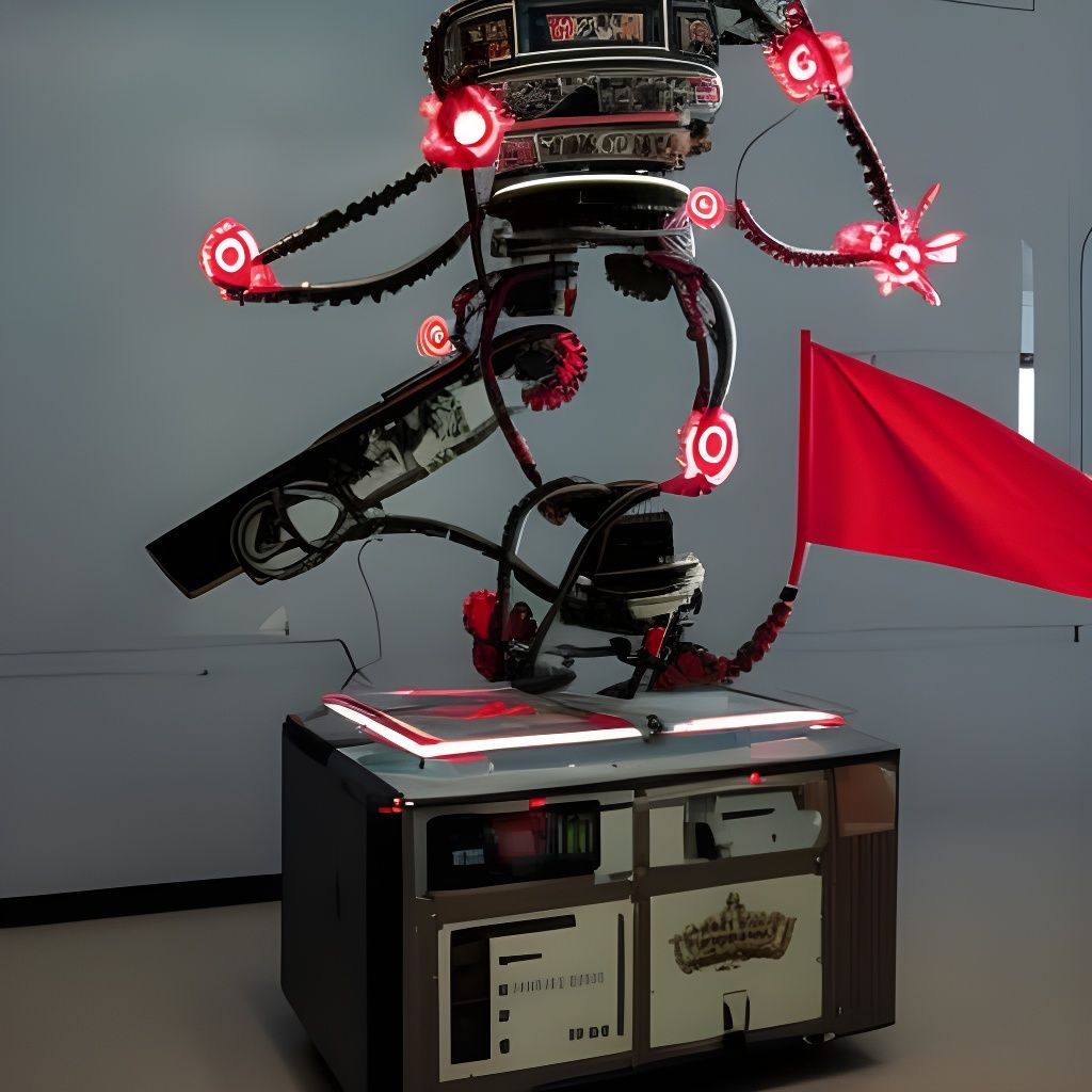 Intricate AI Machine with Red Flags in Machinepunk Style