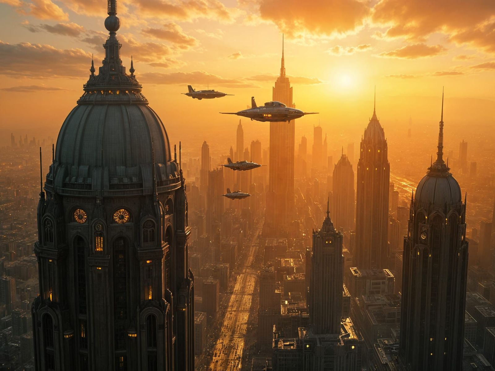 Vintage Futuristic Metropolis Unfolds at Magic Hour