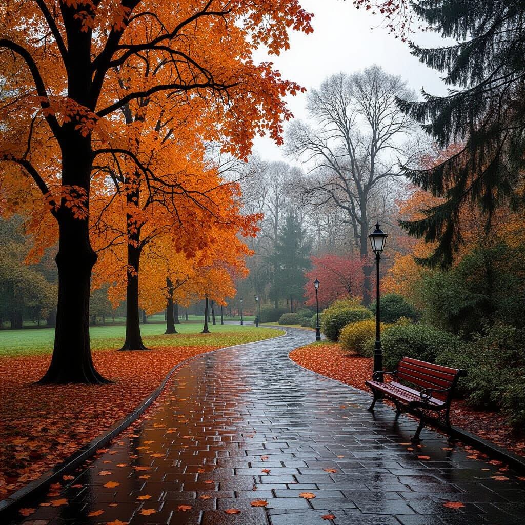 Tranquil Autumn Park Scene in Atmospheric Oil Painting Style