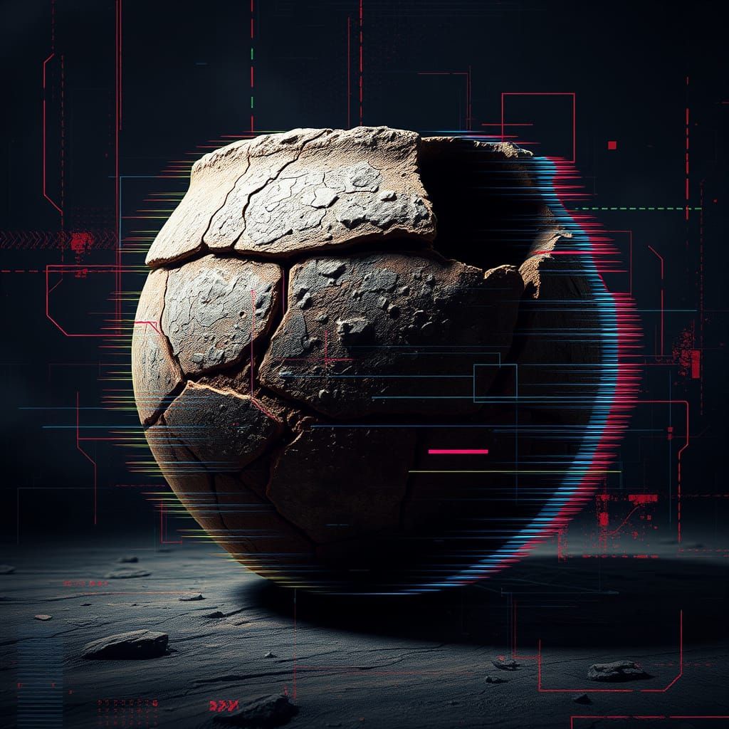 Fragmented Ancient Vessel with Glitch Art Effects