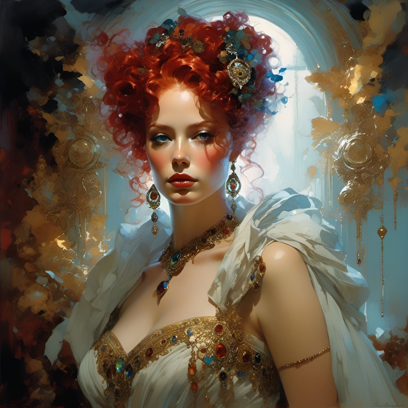 Gorgeous Red-Haired Queen with Rainbow Gems