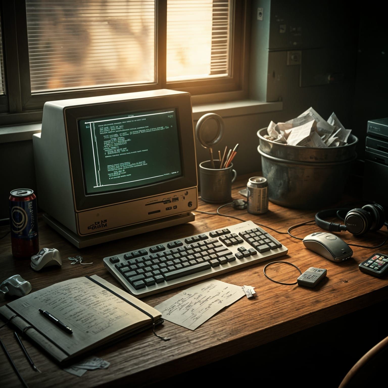 Retrofuturistic Nighttime Scene in a Darkened Bedroom