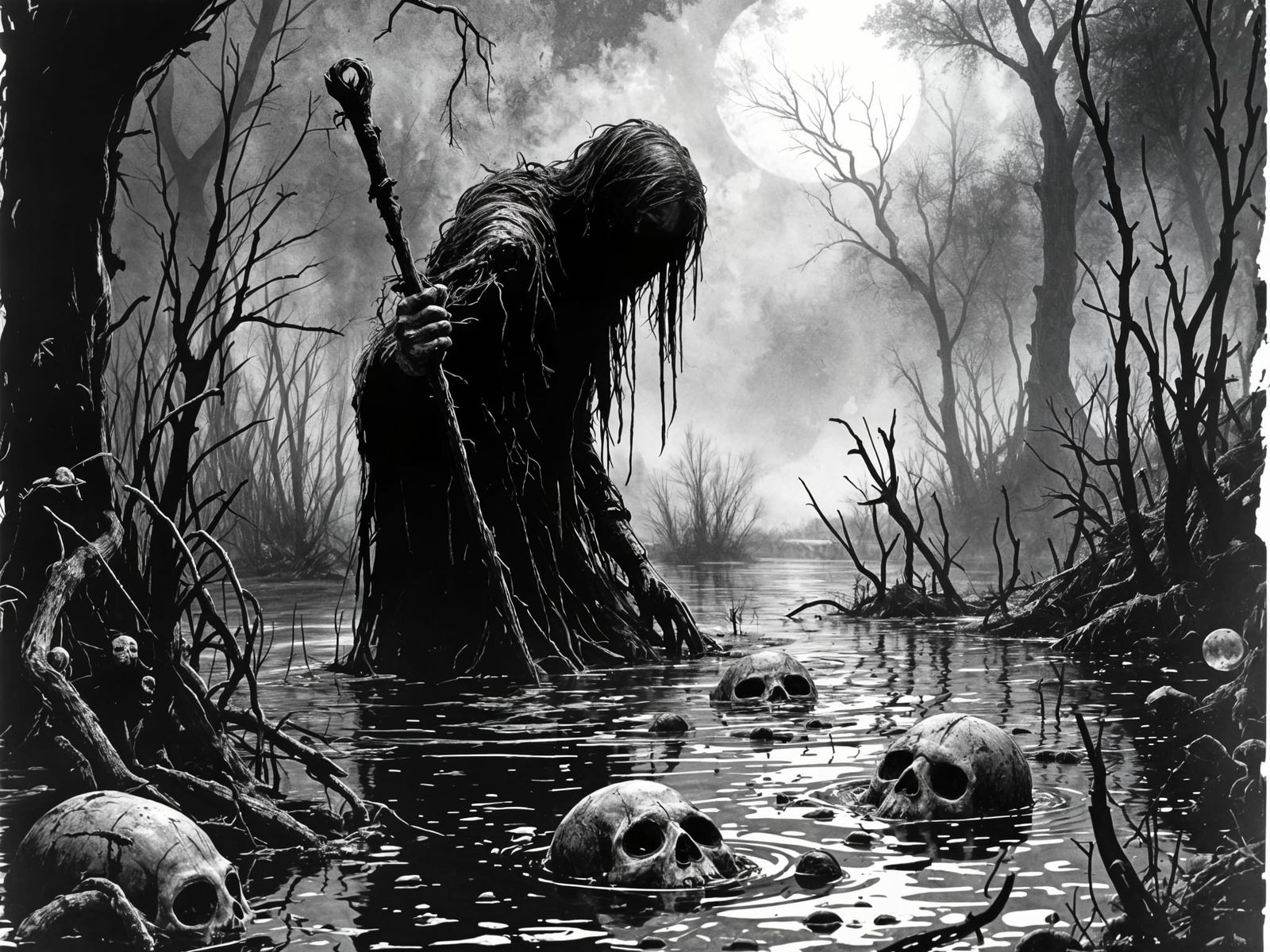 Bog Preacher Sinks in Mire, Monochrome Woodcut Style