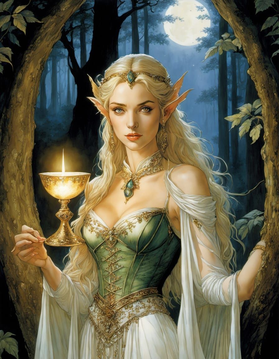 Elegant Elf Maiden in Elven Attire, Golden Chalice at Twilig...