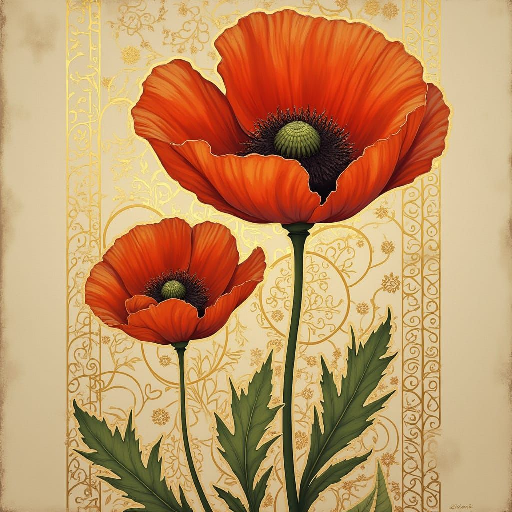 Intertwined Poppies in Art Nouveau Style