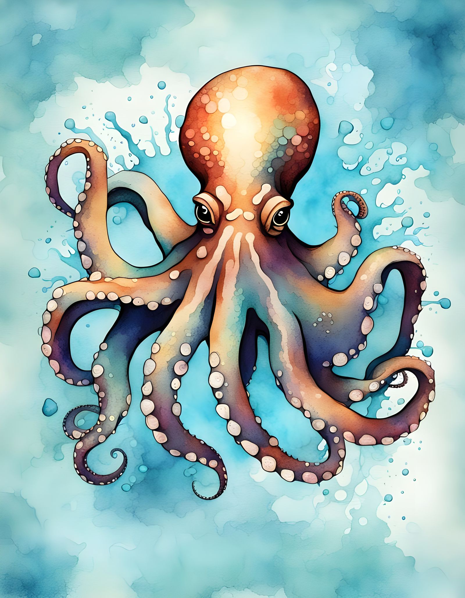 Octopus with Watercolor Background in Vintage Style
