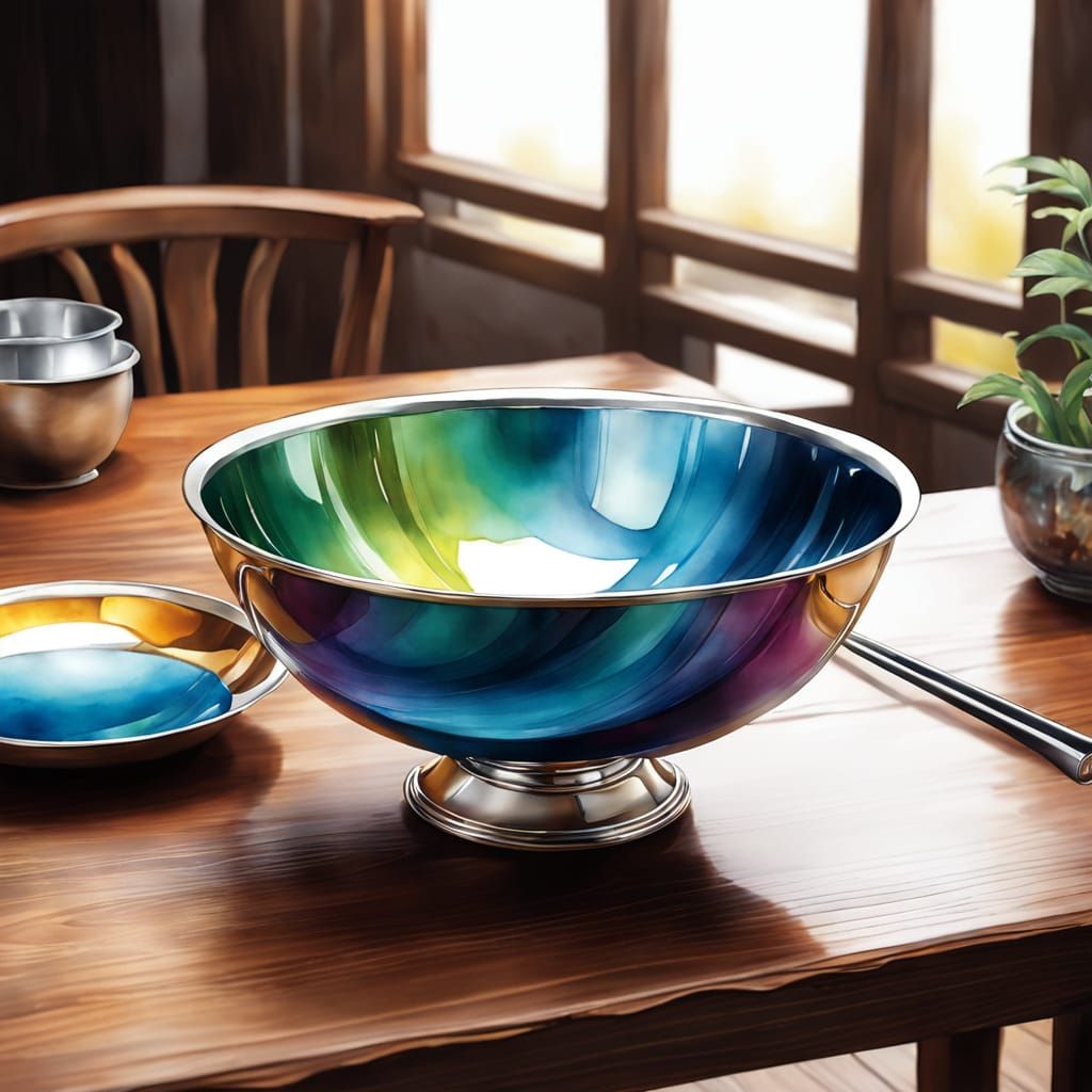 Anime Watercolor of Silver Bowl on Table