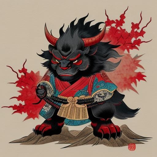 Oni in Traditional Japanese Armor, Sumi-e Ink Painting