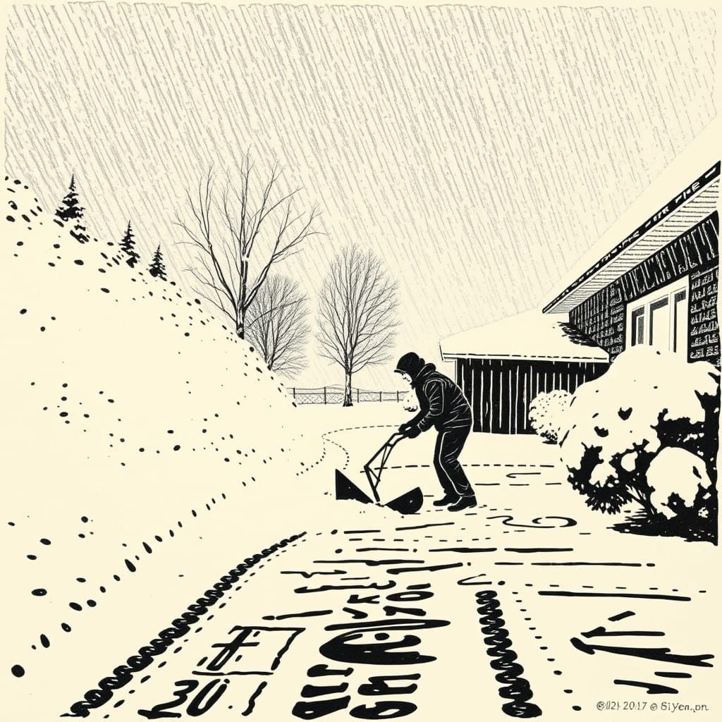 Winter Snowblower Scene in Woodcut Style