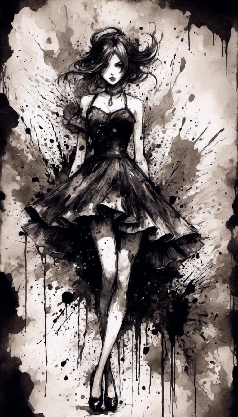 Anime Girl in Ink Splatter Watercolor Art