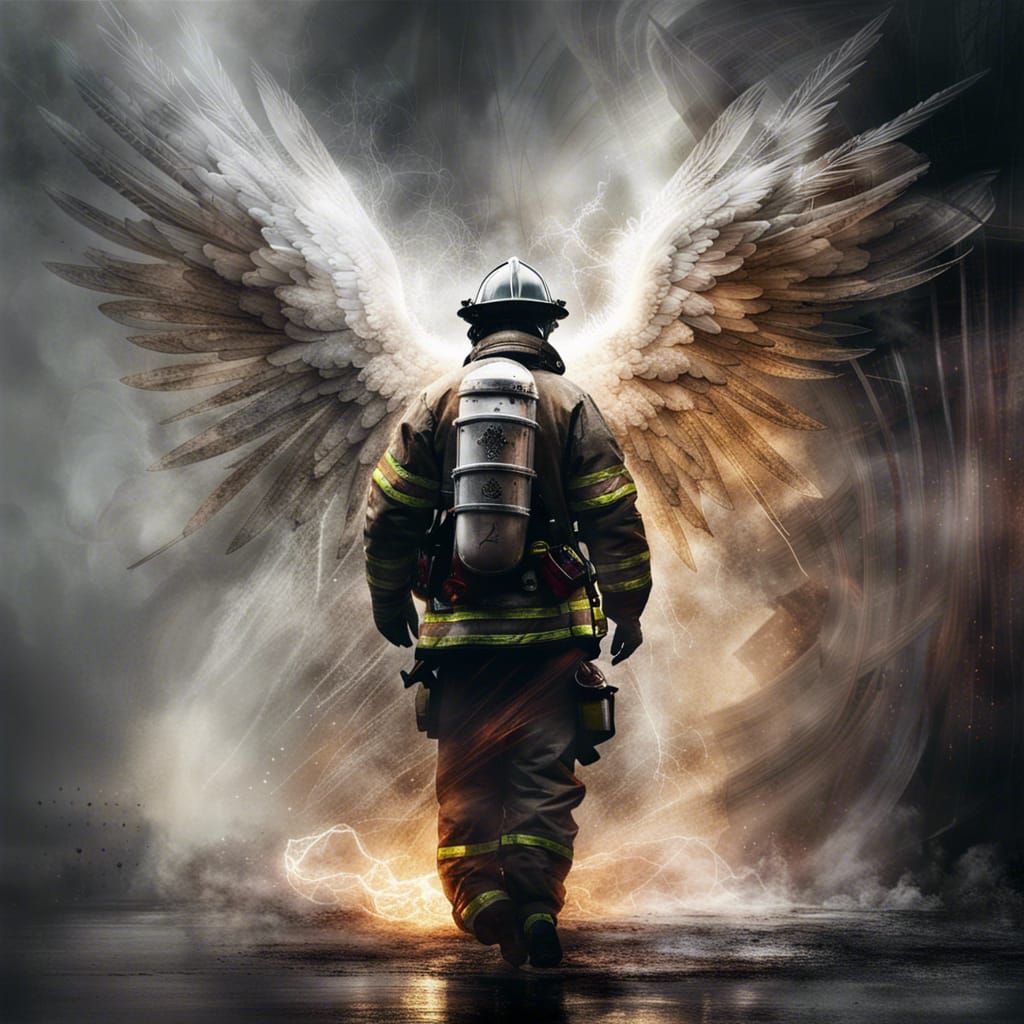 Ethereal Firefighter with Angel Wings in Smoke