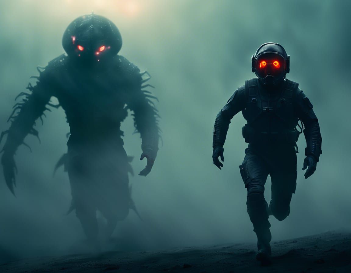 Terrified Astronaut Runs from Alien in Dense Fog