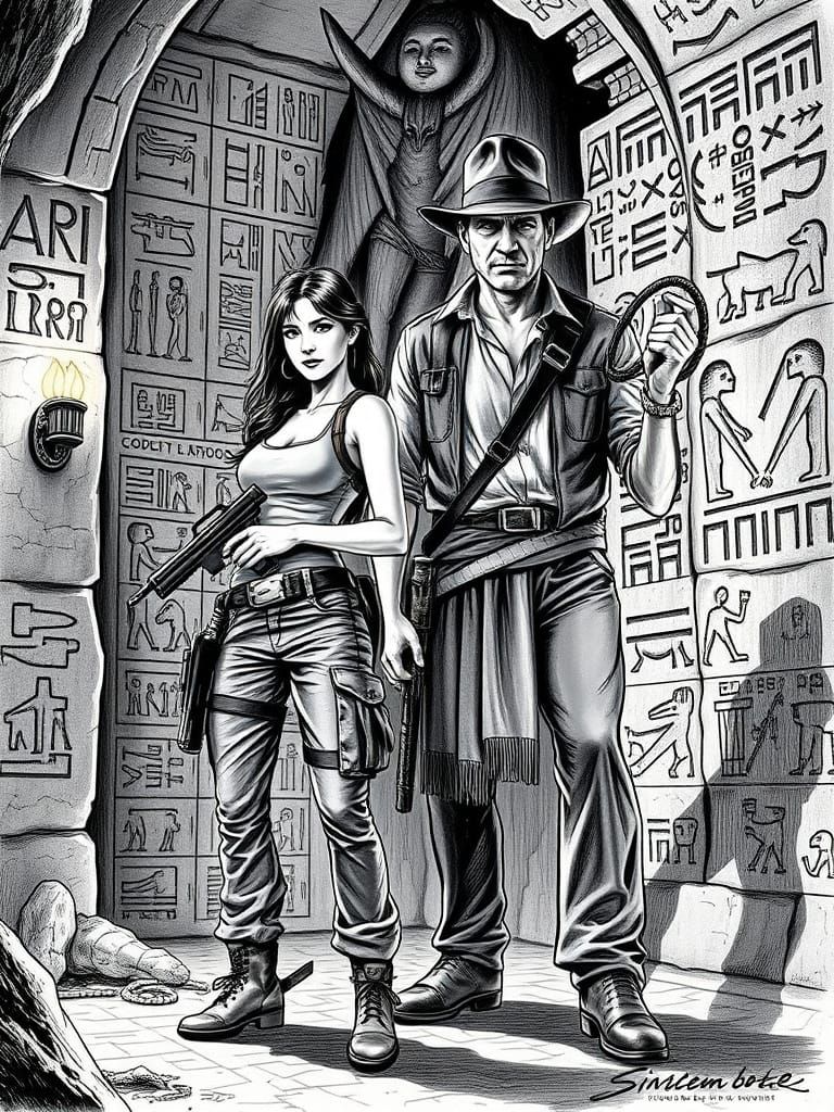 Lara Croft and Indiana Jones in Ancient Crypt, Ink Drawing