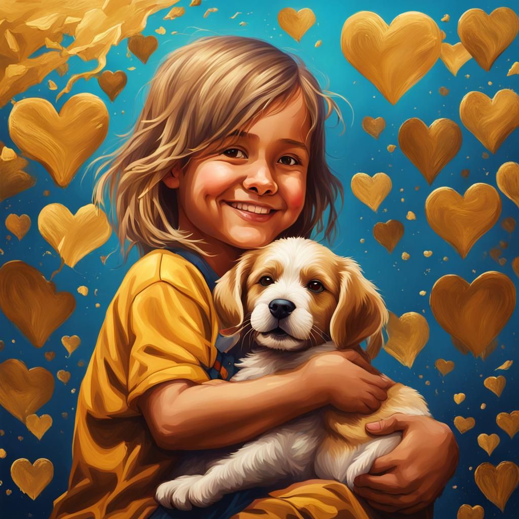 Girl and Puppy Surrounded by Golden Hearts