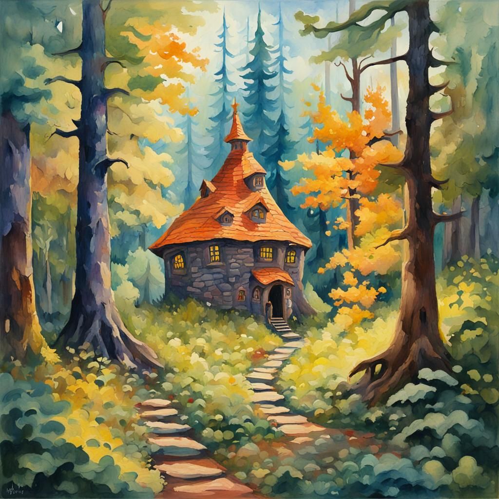 Wizard's Hideout in Forest, Gouache Watercolor Painting