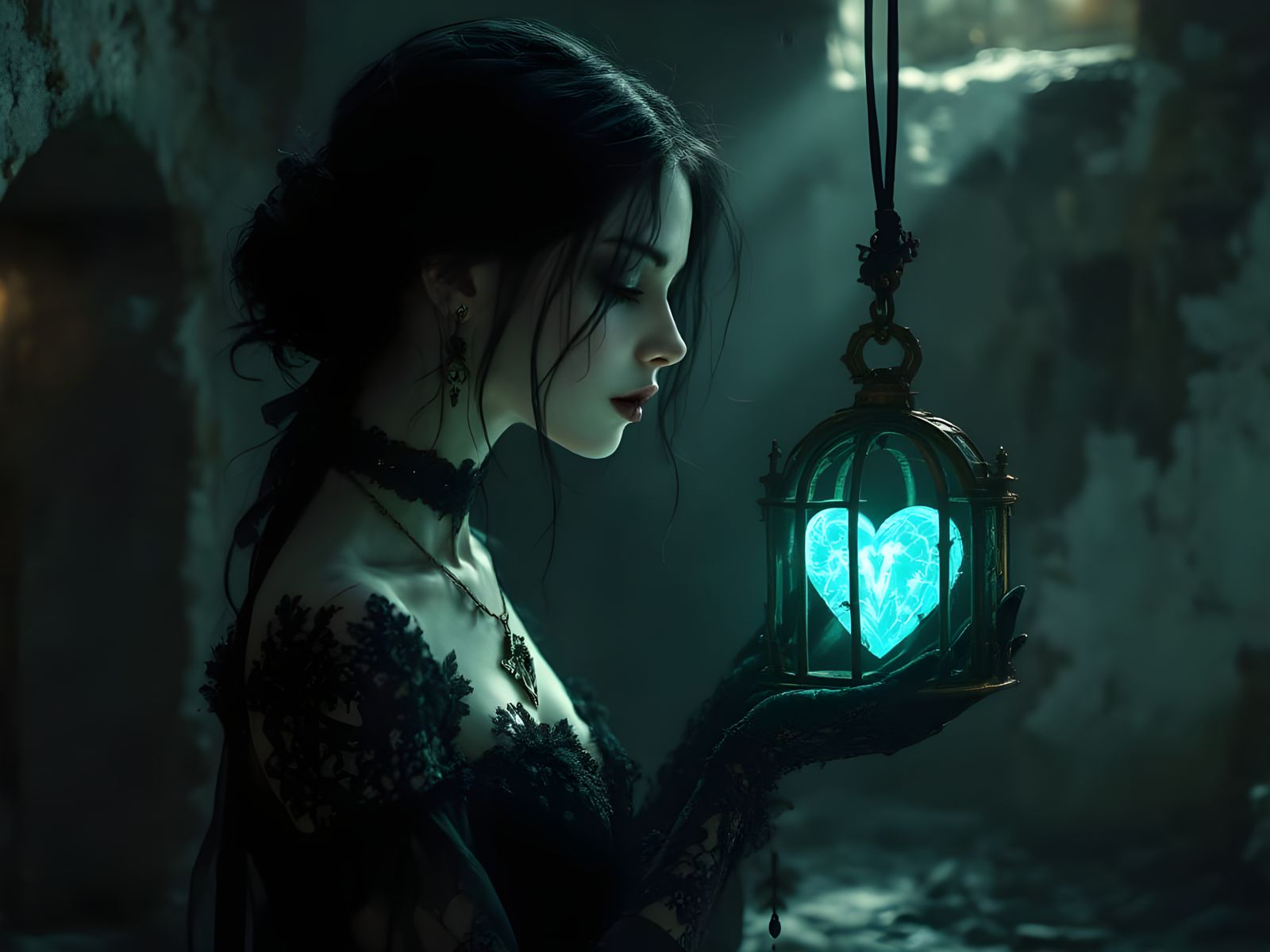 Gothic Girl with Glowing Heart Cage, Digital Art