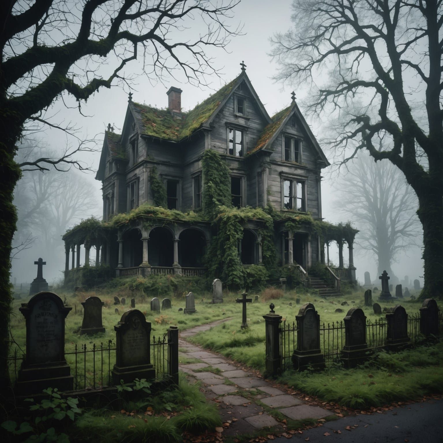 Spooky Abandoned House with Graveyard