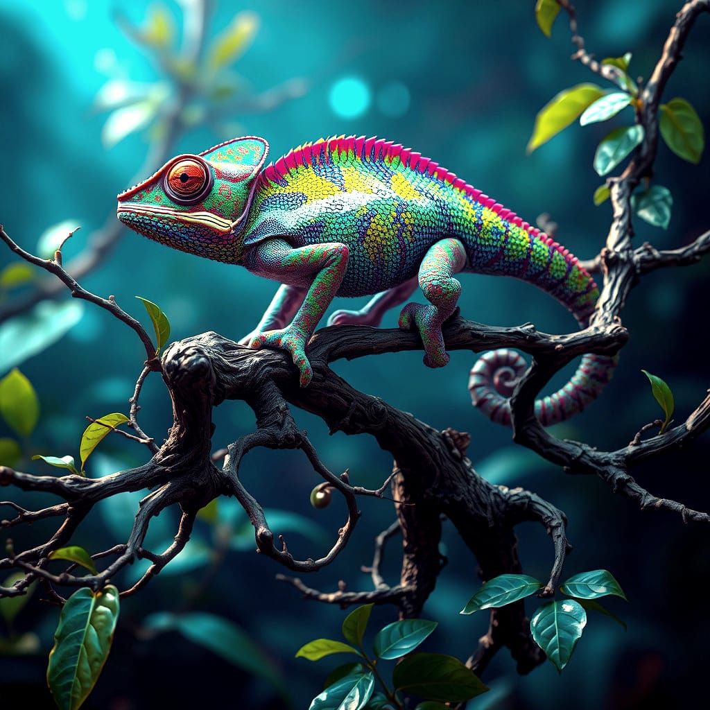 Camouflaged Chameleon on Branch: Detailed Matte Painting