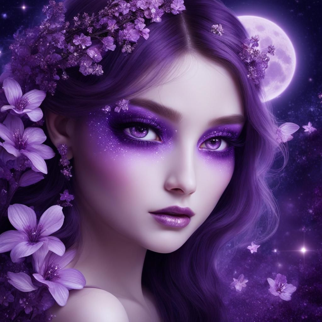 Surreal Purple Dreamscape with Almond-Shaped Eyes