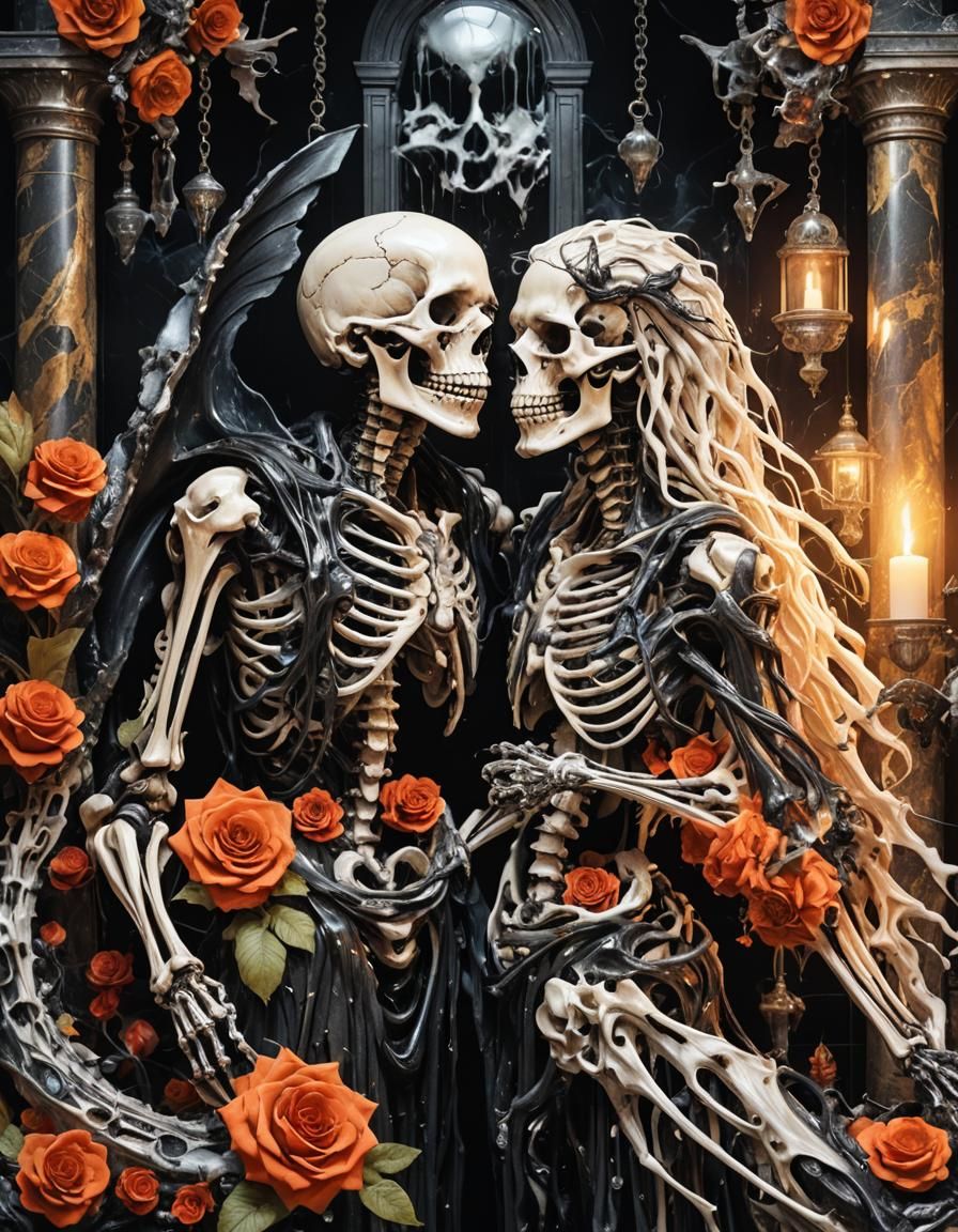 Biomechanical Kiss in Black Marble Bathroom