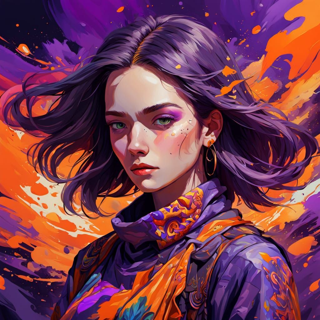 Fashionable Girl in Vibrant Purple and Orange Oil Painting