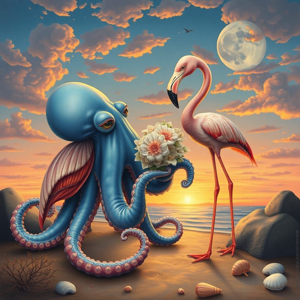 Octopus Courtship: Seashell Bouquet at Sunset
