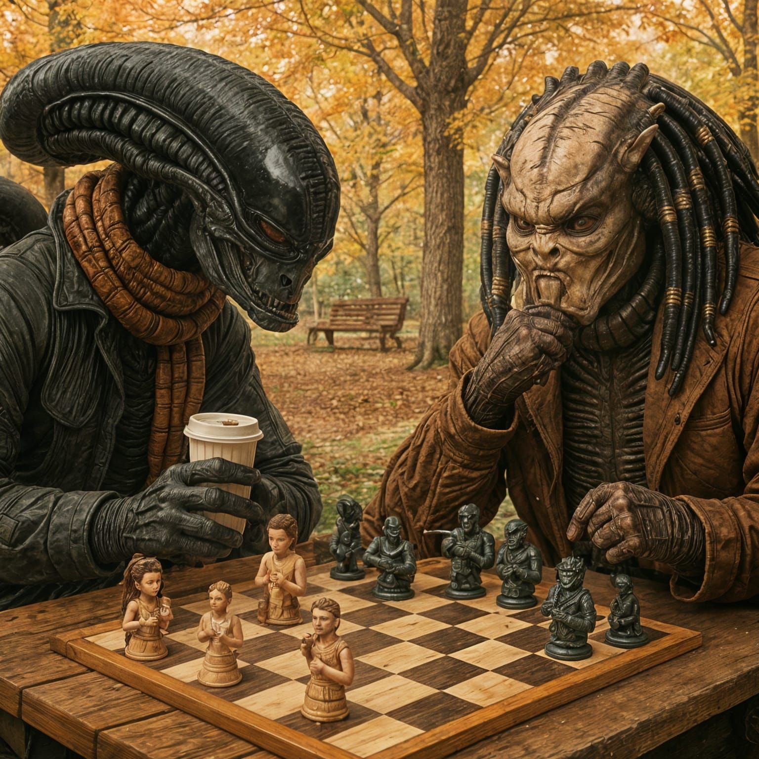 Xenomorph and Predator Play Chess in Park