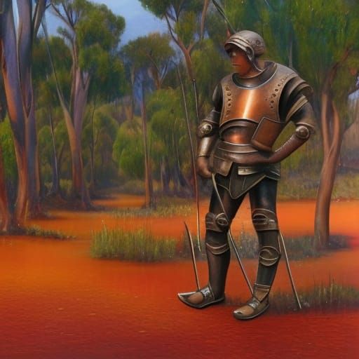Armored Bushranger and Kangaroo in Drought Landscape