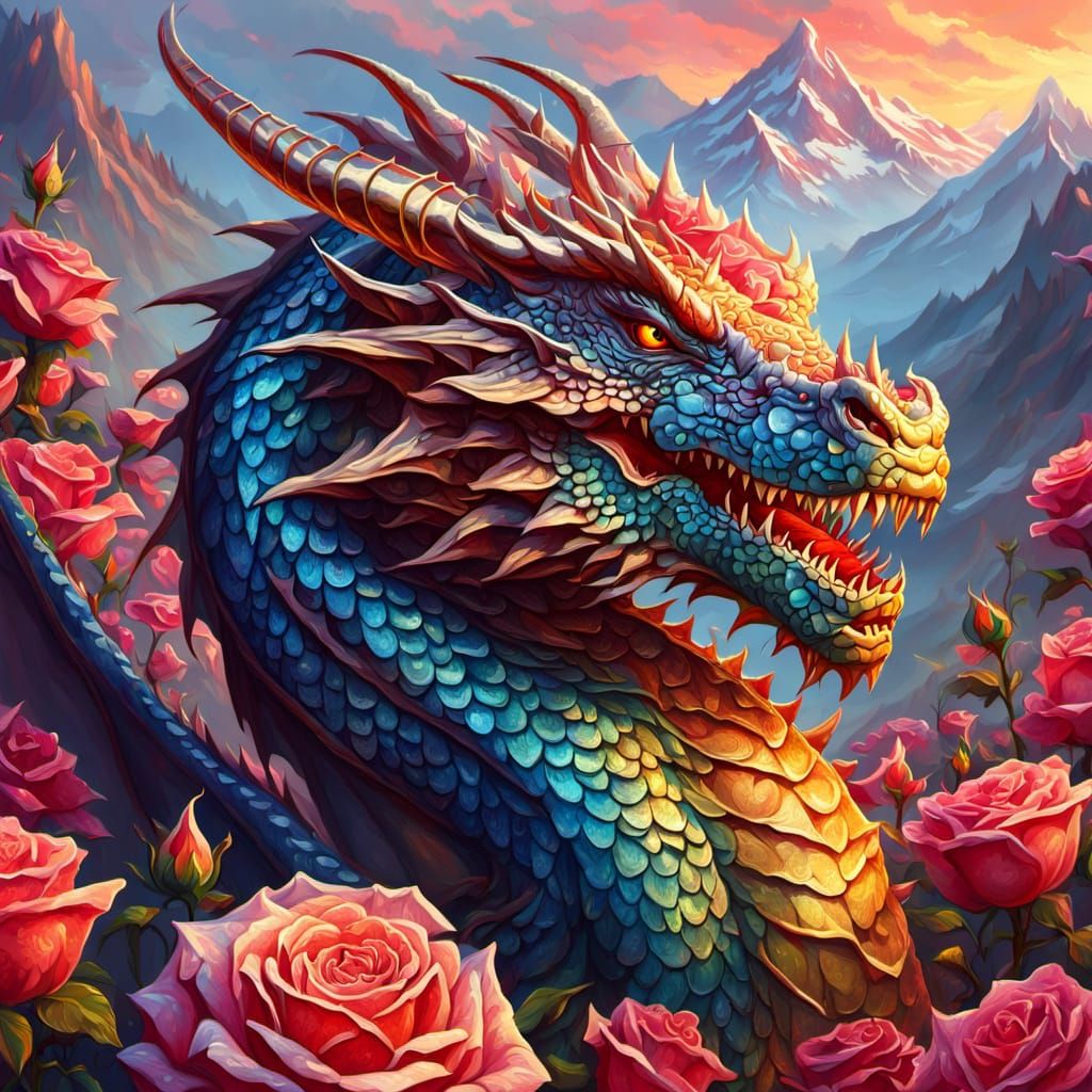 Fierce Dragon in Mountain of Roses: Digital Oil Painting
