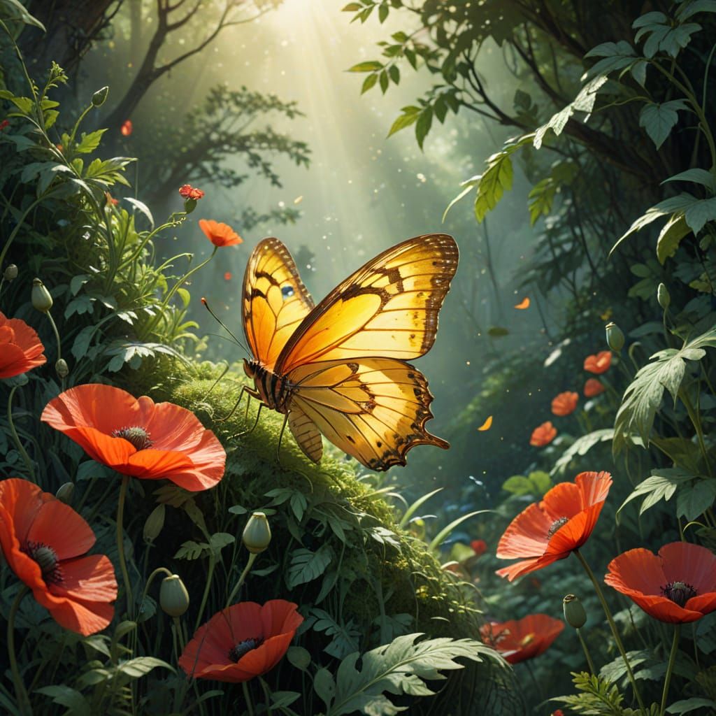 Whimsical Yellow Butterfly in a Vibrant Floral Wonderland