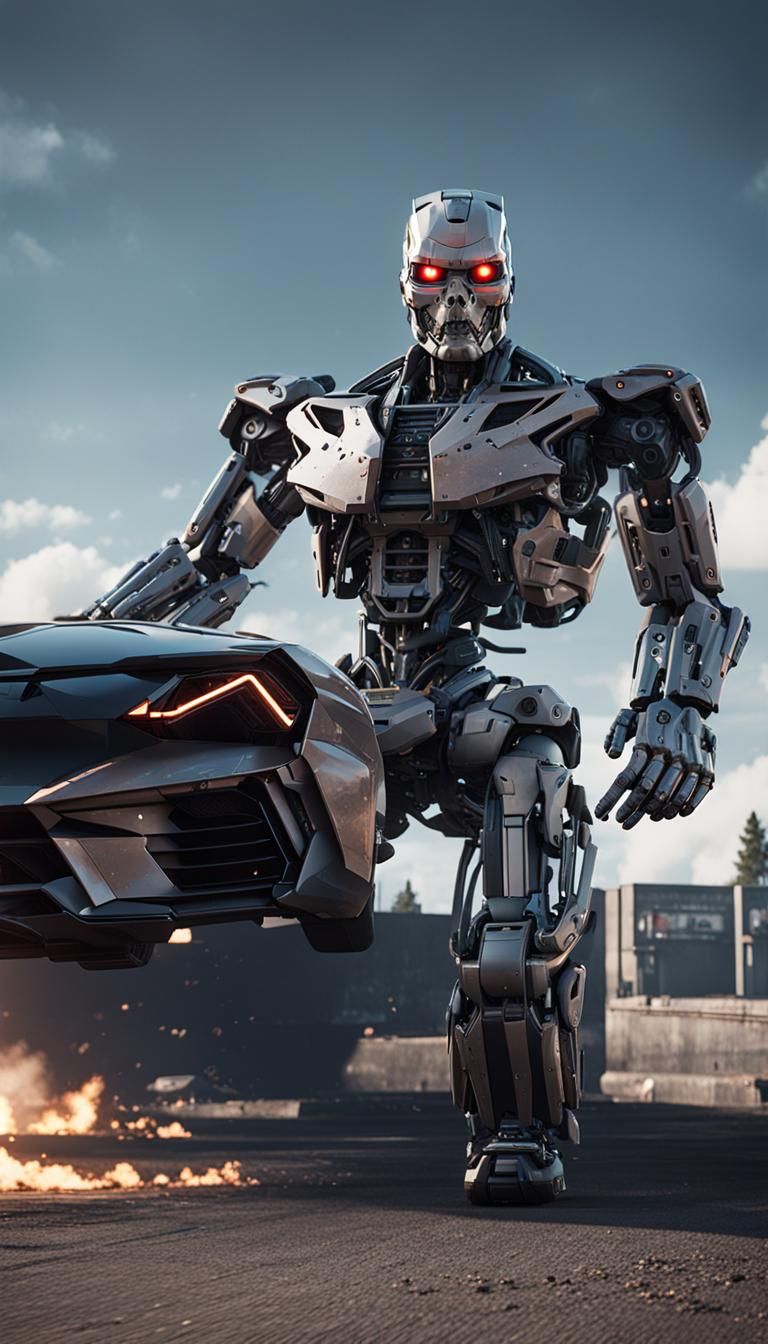 Cybernetic Beast Dominates Exotic Supercar in Futuristic Sho...