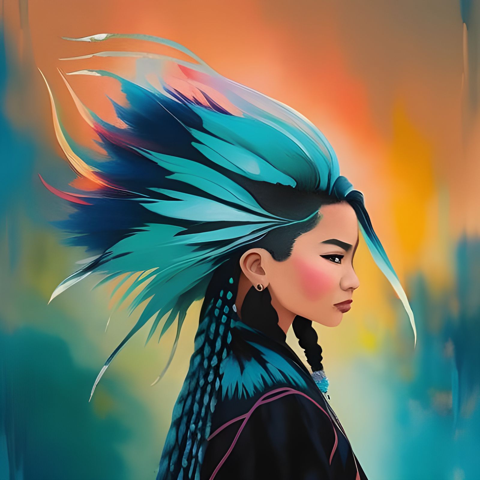 Navajo Girl with Teal Hair in Watercolor Style
