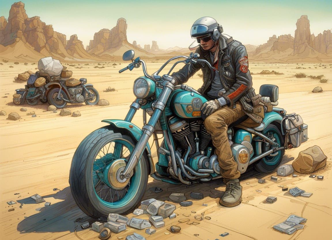 Motorcyclist Resting on Desert Highway in Fantasy Style