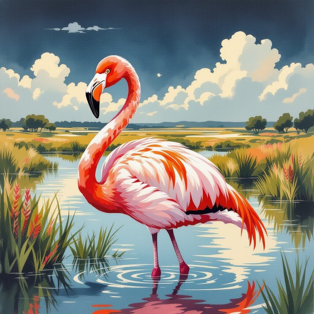 Flamingo in Camargue: Watercolor and Ink Illustration