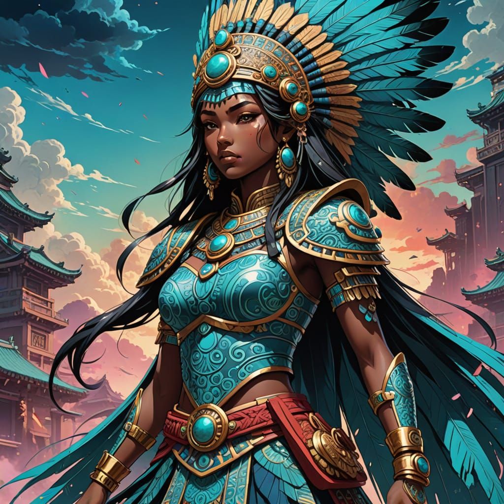 Regal Aztec Princess in Anime-Inspired Headdress and Warrior...